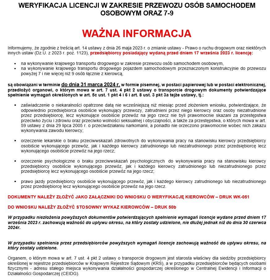 WAŻNA INFORMACJA - Weryfikacja licencji w zakresie przewozu osób samochodem osobowym oraz 7-9